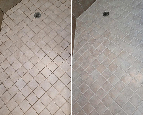 Shower Floor Before and After a Grout Cleaning in Palm Bay
