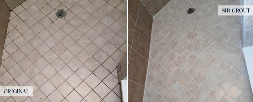 Shower Floor Before and After a Grout Cleaning in Palm Bay