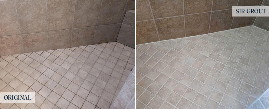 Shower Floor and Seams Before and After a Grout Cleaning in Palm Bay