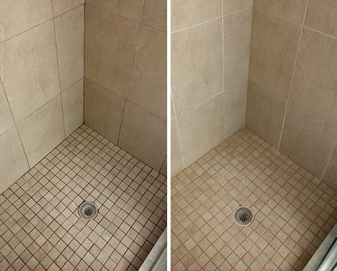 Tile Shower Before and After a Grout Cleaning in Titusville