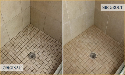 Tile Shower Before and After a Grout Cleaning in Titusville