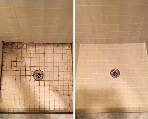 Shower Floor Before and After a Service from Our Tile and Grout Cleaners in Satellite Beach