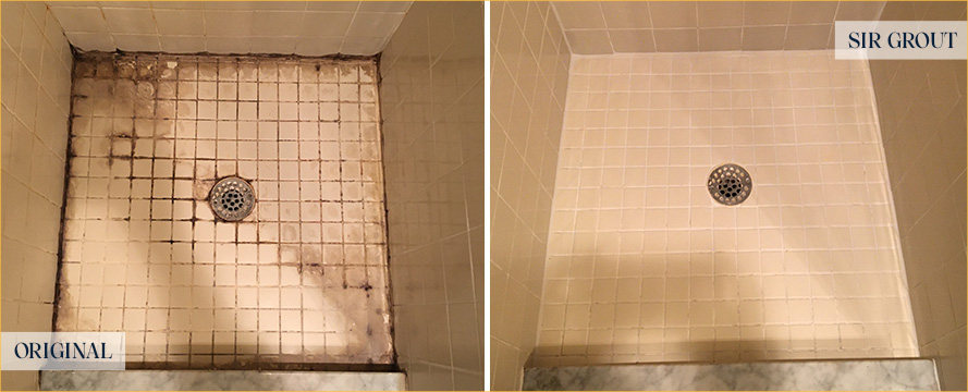 Shower Floor Before and After a Service from Our Tile and Grout Cleaners in Satellite Beach