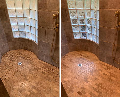 Travertine and Ceramic Tile Shower Before and After a Stone Cleaning in Cocoa