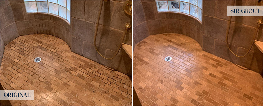 Travertine and Ceramic Tile Shower Before and After a Stone Cleaning in Cocoa