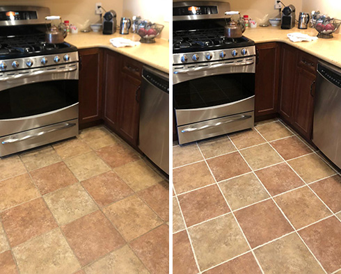 Kitchen Floor Before and After a Grout Cleaning in Melbourne Beach