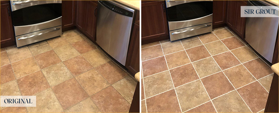 Kitchen Floor Before and After a Grout Cleaning in Melbourne Beach