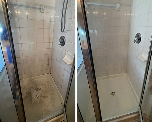 Shower Stall Before and After a Service from Our Tile and Grout Cleaners in Palm Bay