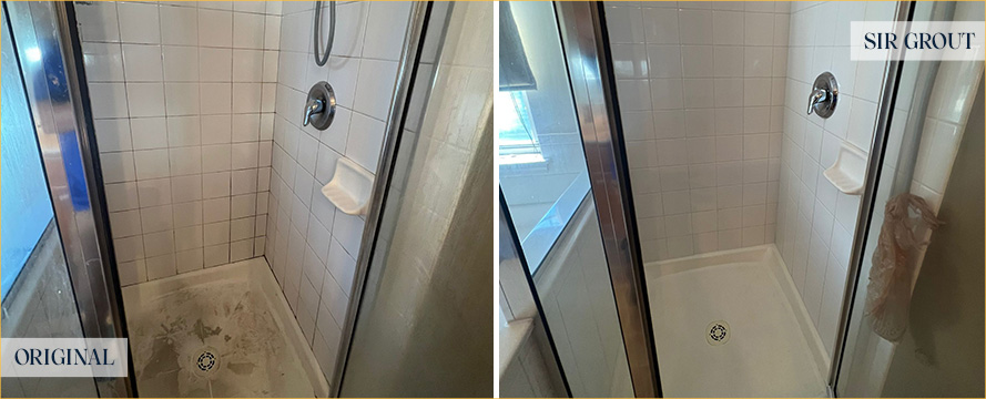 Shower Stall Before and After a Service from Our Tile and Grout Cleaners in Palm Bay