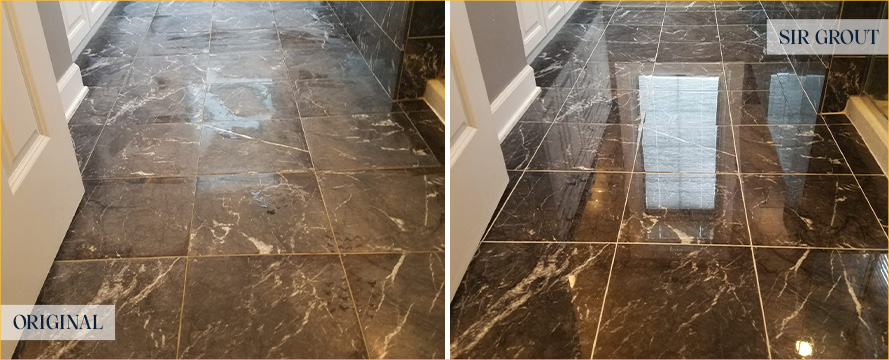 Bathroom Floor Before and After a Stone Polishing in Cocoa